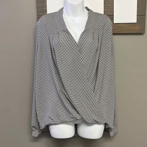 Ann Taylor Factory Long Sleeve Criss Cross High Low Abstract Cream/Blk Blouse- L